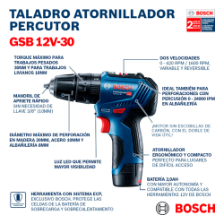 Atornillador/Taladro Percutor GSB 12V-30 BOSCH a Batería 12V